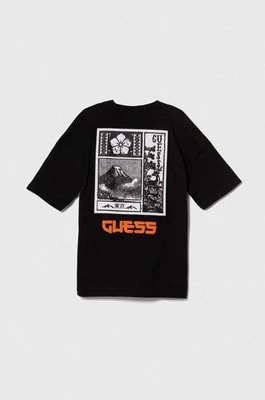 Zdjęcie produktu Guess t-shirt bawełniany dziecięcy kolor czarny z nadrukiem