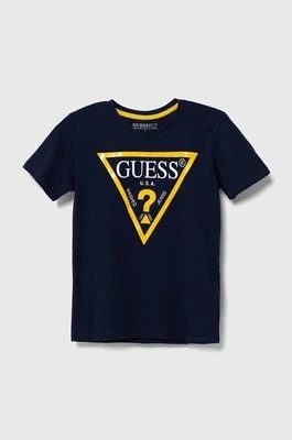 Zdjęcie produktu Guess T-shirt bawełniany dziecięcy kolor granatowy z nadrukiem