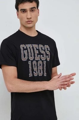 Zdjęcie produktu Guess t-shirt bawełniany kolor czarny z aplikacją