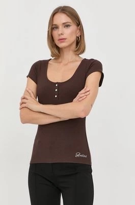 Zdjęcie produktu Guess t-shirt KARLEE damski kolor brązowy W2YP24 KBCO2
