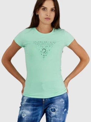 Zdjęcie produktu GUESS Zielony t-shirt damski z ażurowym logo