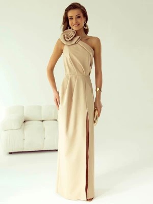 Zdjęcie produktu Hermes sukienka długa beżowa na jedno ramię ze zdobną różą elegancka na wesele PERFE
