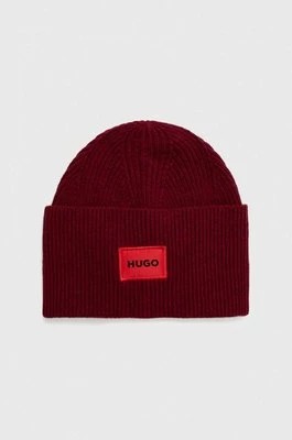 Zdjęcie produktu HUGO czapka wełniana kolor bordowy z cienkiej dzianiny wełniana