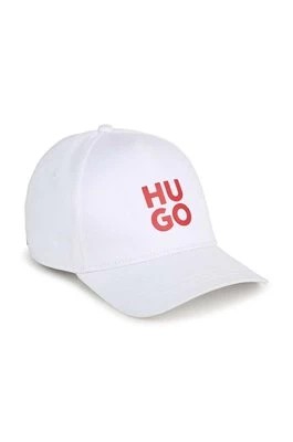 Zdjęcie produktu HUGO czapka z daszkiem bawełniana dziecięca kolor biały z aplikacją