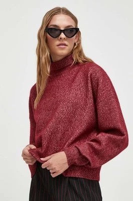 Zdjęcie produktu HUGO sweter wełniany damski kolor bordowy lekki z golfem