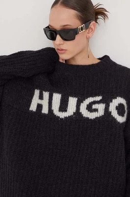 Zdjęcie produktu HUGO sweter wełniany damski kolor czarny ciepły