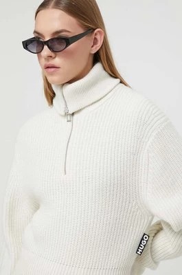 Zdjęcie produktu HUGO sweter z domieszką wełny damski kolor beżowy ciepły z golfem