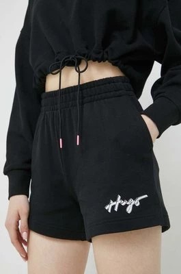Zdjęcie produktu HUGO szorty bawełniane kolor czarny z nadrukiem high waist