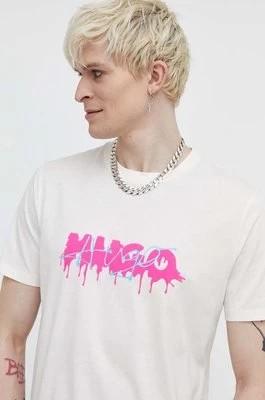 Zdjęcie produktu HUGO t-shirt bawełniany męski kolor beżowy z nadrukiem 50515282