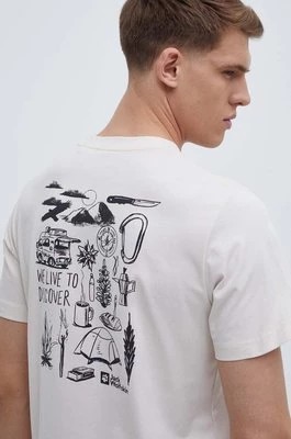 Zdjęcie produktu Jack Wolfskin t-shirt bawełniany męski kolor beżowy z nadrukiem 1809761
