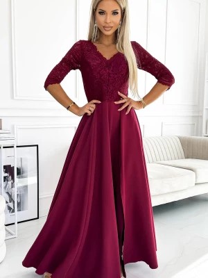 Zdjęcie produktu Jacqueline elegancka długa suknia maxi z koronkowym dekoltem - BORDOWA Merg