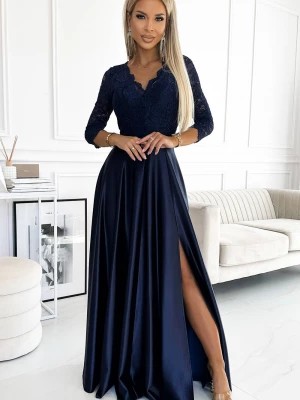 Zdjęcie produktu Jacqueline koronkowa długa SATYNOWA suknia z dekoltem - GRANATOWA Merg