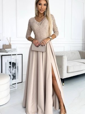 Zdjęcie produktu Jacqueline koronkowa elegancka długa suknia z dekoltem i rozcięciem na nogę - BEŻOWA Merg