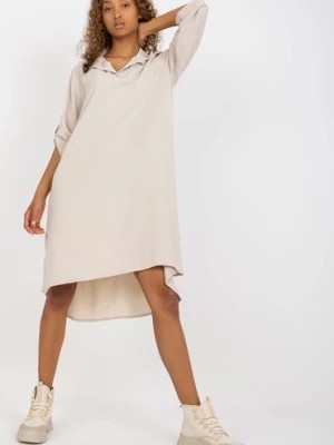 Zdjęcie produktu Jasnobeżowa asymetryczna sukienka damska koszulowa z długim rękawem Italy Moda