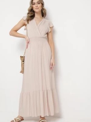 Zdjęcie produktu Jasnobeżowa Bawełniana Sukienka Maxi z Falbankami i Gumką w Pasie Perinthe