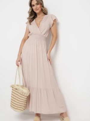 Zdjęcie produktu Jasnobeżowa Bawełniana Sukienka Maxi z Kopertową Górą Rozkloszowana Xaliara