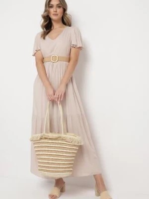 Zdjęcie produktu Jasnobeżowa Bawełniana Sukienka Maxi z Krótkim Rękawem Rozkloszowana Leviossa