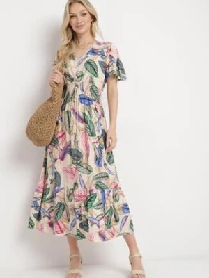 Zdjęcie produktu Jasnobeżowa Bawełniana Sukienka w Kolorowe Listki z Cienkimi Gumkami w Pasie Calipsso