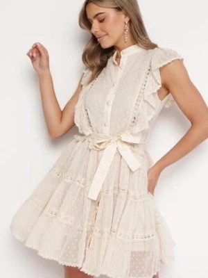 Zdjęcie produktu Jasnobeżowa Koszulowa Sukienka Mini z Falbankami i Wiązanym Paskiem Divertire