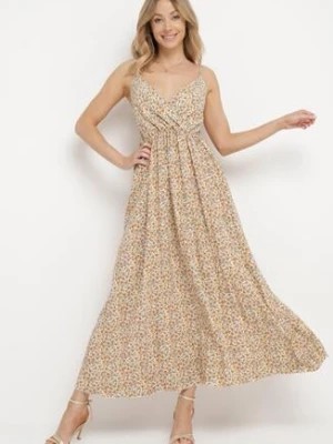 Zdjęcie produktu Jasnobeżowa Kwiatowa Sukienka na Ramiączkach z Plisowaną Spódnicą i Kopertową Górą Pyralia