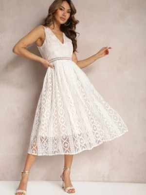 Zdjęcie produktu Jasnobeżowa Plisowana Sukienka na Ramiączkach z Ozdobnym Wzorem i Suwakiem Mirilla