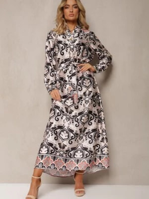 Zdjęcie produktu Beżowo-Czarna Satynowa Sukienka w Ornamentalny Wzór o Pudełkowym Fasonie Elirosa
