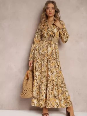 Zdjęcie produktu Jasnobeżowa Sukienka Maxi z Kołnierzykiem i Plecionym Paskiem Pertitus