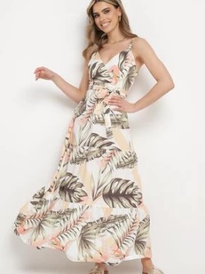 Zdjęcie produktu Jasnobeżowa Sukienka na Ramiączkach z Kopertowym Dekoltem i Motywem Florystycznym Obilena