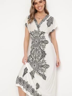 Zdjęcie produktu Jasnobeżowa Sukienka w Ornamentalny Wzór z Kopertowym Dekoltem i Gumką w Talii Elasevia