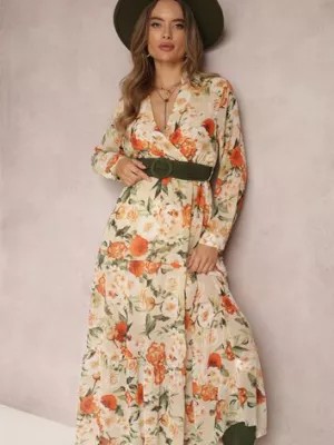 Zdjęcie produktu Jasnobeżowa Sukienka z Paskiem i Gumką w Pasie Hahonu