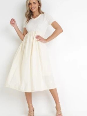 Zdjęcie produktu Jasnobeżowa Wiskozowa Sukienka Midi z Elastyczną Górą i Strzępieniami Henriella