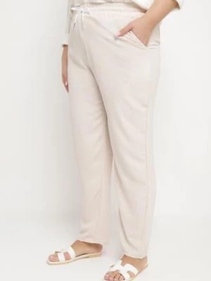 Zdjęcie produktu Jasnobeżowe Bawełniane Spodnie Szerokie z Gumką i Sznurkiem w Talii Effimue