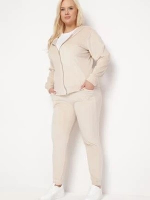 Zdjęcie produktu Jasnobeżowy Welurowy Komplet Dresowy z Rozpinaną Bluzą i Luźnymi Spodniami Malinass