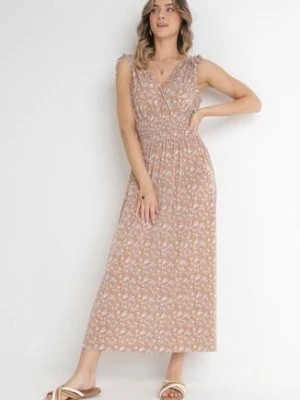 Zdjęcie produktu Jasnobrązowa Sukienka ze Ściągaczami Maxi na Ramionach i Gumką w Talii w Kwiaty Justus