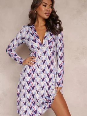 Zdjęcie produktu Jasnofioletowa Rozkloszowana Sukienka z Długim Rękawem i Geometrycznym Nadrukiem Springpeace