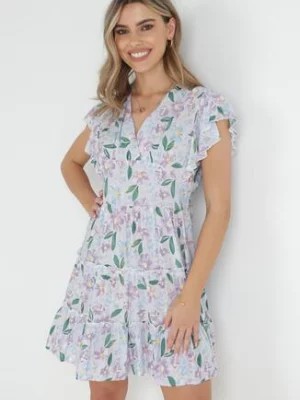 Zdjęcie produktu Jasnofioletowa Sukienka Taliowana z Wiskozy w Kwiaty Adomisia