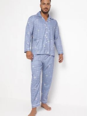 Zdjęcie produktu Jasnoniebieska Bawełniana 2-Częściowa Piżama w Modny Nadruk Zapinana Koszula i Spodnie na Gumce Timba