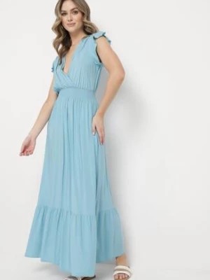 Zdjęcie produktu Jasnoniebieska Bawełniana Sukienka Maxi z Kopertową Górą Rozkloszowana Xaliara