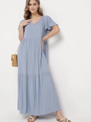 Zdjęcie produktu Jasnoniebieska Bawełniana Sukienka Maxi z Krótkim Rękawem Rozkloszowana Leviossa