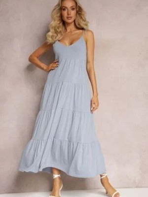 Zdjęcie produktu Jasnoniebieska Bawełniana Sukienka Maxi z Wiązanymi Ramiączkami i Rozkloszowaną Falbaną Mariones