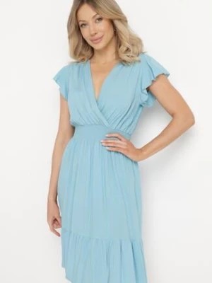 Zdjęcie produktu Jasnoniebieska Bawełniana Sukienka Midi z Kopertowym Dekoltem i Falbankami Xeniabia