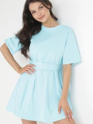 Zdjęcie produktu Jasnoniebieska Bawełniana Sukienka Mini z Materiałowym Paskiem z Klamrą Yakatoki
