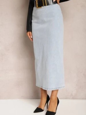 Zdjęcie produktu Jasnoniebieska Jeansowa Spódnica Midi Bawełniana z Ażurowym Paskiem i Klamrą Allerio