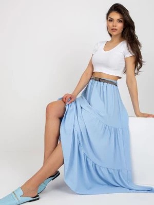 Zdjęcie produktu Jasnoniebieska rozkloszowana spódnica z falbaną Italy Moda