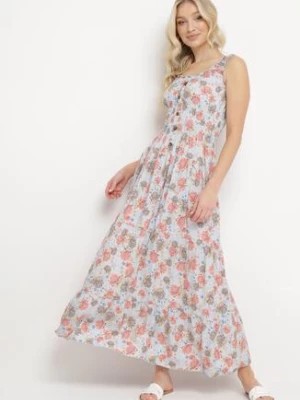 Zdjęcie produktu Jasnoniebieska Rozkloszowana Sukienka Bawełniana w Kwiatowy Print z Guzikami Jamallia