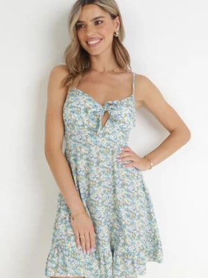 Zdjęcie produktu Jasnoniebieska Rozkloszowana Sukienka Mini w Kwiaty na Cienkich Ramiączkach Odisa