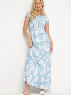 Zdjęcie produktu Jasnoniebieska Rozkloszowana Sukienka z Wiskozy Typu Hiszpanka z Marszczonym Dekoltem Daleri