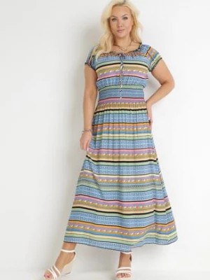 Zdjęcie produktu Jasnoniebieska Sukienka Maxi Hiszpanka w Paski z Bawełny z Gumkami w Pasie Harrynea
