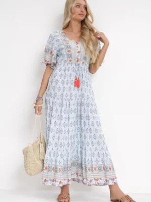 Zdjęcie produktu Jasnoniebieska Sukienka Maxi z Gumką i Sznurkiem z Chwostami w Pasie Maryse
