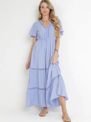 Zdjęcie produktu Jasnoniebieska Sukienka Maxi z Gumką w Pasie i Koronkowymi Wstawkami Anandia